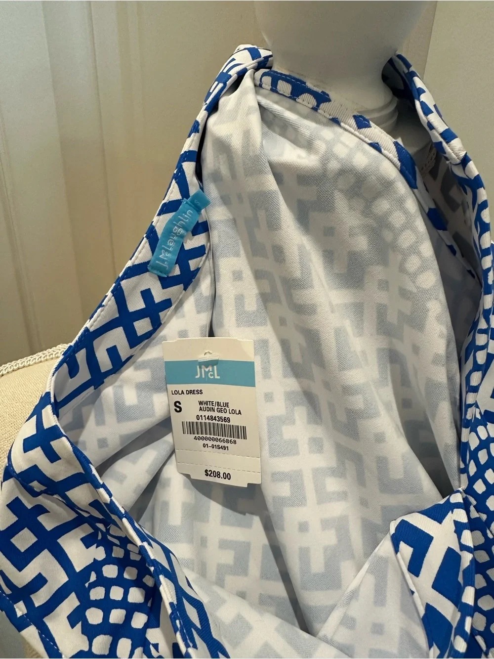 J McLaughlin Lola Dress, Blue/wht Geometric, Catalina Cloth Jersey, Sz S, nwt - Picture 5 of 7